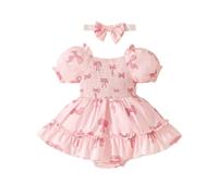 LUVCES Robe d'été pour Nouveau-né Fille Tenue Mignonne Imprimée Fraise Manches Courtes Princesse Robes avec Bandeau Ensemble de Vêtement 2pcs Noeud Rose 12-18 Mois