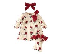 LUVCES Robe Nouveau-né Fille Tenue de Saint-Valentin Robes à Manches Longues Côtelée Imprimée Cœurs avec Bandeau et Chaussettes Assortis Vetement 3pcs imprimé Floral 3-6 Mois
