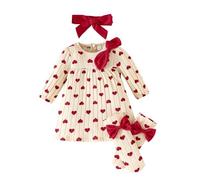 LUVCES Robe Nouveau-né Fille Tenue de Saint-Valentin Robes à Manches Longues Côtelée Imprimée Cœurs avec Bandeau et Chaussettes Assortis Vetement 3pcs Empreinte de cœur 3-6 Mois