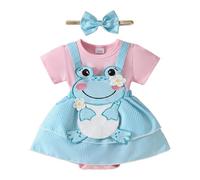 LUVCES Robe Nouveau-né Fille Volants Manches Courtes Côtelée Cute Imprimée Barboteuse Robes avec Bandeau Vêtements d'été Ensemble