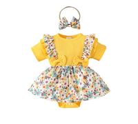 LUVCES Robe Nouveau-né Fille Volants Manches Courtes Côtelée Cute Imprimée Barboteuse Robes avec Bandeau Vêtements d'été Ensemble 2pcs imprimé Floral Jaune 6-12 Mois