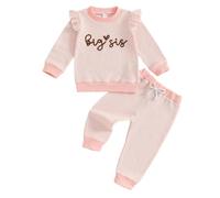 LUVCES Vêtements Bébé Fille d'Automne Rayé Manches Longues Broderie Mignonne Sweatshirt Tops en Tricot et Pantalon Printemps 2 Pièces Survêtement Ensemble Rose Big Sis 2-3 Ans
