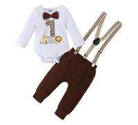 LUVCES Vêtements Bébé Garçon 1er Anniversaire Gentleman Barboteuse Top avec Nœud Papillon +Bretelles Pantalon Gâteau Smash 1 an Tenues Ensemble Manches longues marron foncé 9-12 Mois