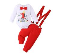 LUVCES Vêtements Bébé Garçon 1er Anniversaire Gentleman Barboteuse Top avec Nœud Papillon +Bretelles Pantalon Gâteau Smash 1 an Tenues Ensemble Manches longues rouge 1er anniversaire 12-18 Mois