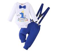 LUVCES Vêtements Bébé Garçon 1er Anniversaire Gentleman Barboteuse Top avec Nœud Papillon +Bretelles Pantalon Gâteau Smash 1 an Tenues Ensemble Manches longues bleu 1er anniversaire 9-12 Mois
