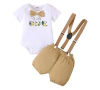LUVCES Vêtements Bébé Garçon 1st Anniversaire Gentleman Manches Courtes Barboteuse Top avec Nœud Papillon +Bretelles Short Gâteau Smash Tenues Ensemble Wild One Kaki 12-18 Mois