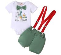 LUVCES Vêtements Bébé Garçon 1st Anniversaire Gentleman Manches Courtes Barboteuse Top avec Nœud Papillon +Bretelles Short Gâteau Smash Tenues Ensemble My 1st Birthday Vert 12-18 Mois