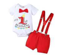 LUVCES Vêtements Bébé Garçon 1st Anniversaire Gentleman Manches Courtes Top avec Nœud Papillon +Bretelles Short Gâteau Smash Tenues Ensemble Manche courte rouge 1er anniversaire 9-12 Mois