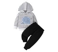 LUVCES Vêtements Bébé Garçon Manches Longues Imprimé Lettre Sweat à Capuche Tops+ à Taille élastique Pantalon 2Pcs Ensemble Automne Printemps Tenues Éléphant rayé blanc 9-12 Mois