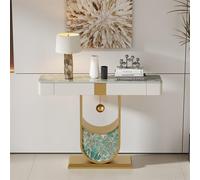 LUVEQLSIT Console Moderne avec tiroirs, Table d'entrée avec rangements pour Couloir étroit - Montage Facile et Plateau en Pierre frittée résistant aux éraflures.(Gold+Green,120cm/47.2in)