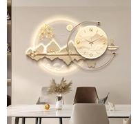 LUVEQLSIT Horloge Murale 3D de Luxe avec éclairage LED - Décoration Murale Moderne Style Paysage Oriental avec cerf et pin - Horloge Murale silencieuse rétroéclairée(Gold A,140cm/55.1in)