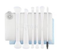 Luvia Lot de 7 pinceaux de maquillage de voyage avec 6 pinceaux duo et étui en cuir végétalien pour le visage et les yeux - Duo Voyage - Blue Horizon - Blanc et bleu