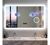 LUVODI 120x70 cm Miroir de Salle de Bain avec Bluetooth: 3X Loupe Miroirs Anti-Buée avec éclairage 60W, Affichage de L'heure, Dimmable et 3 Couleurs Réglable, IP66 Étanchéité