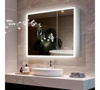 LUVODI Armoire Bluetooth de Salle de Bain avec Miroir: Luminosité Réglable, 3 Lumière Couleurs, Fonction Mémoire, Éclairage LED, Étagères Réglables, Installation Cachée, Meuble Pharmacie Mural 80x70cm