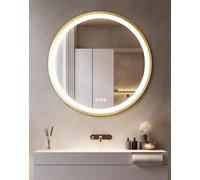 LUVODI Miroir Salle de Bain Rond 60cm: Lumineux Avec Éclairage Intégré, Or Brossé, Désembuage, Connecté, Cadre en Aluminium Doré, Mural Avec Prise IP67, 3 Couleurs