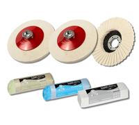 Lux Metal - Kit 2 disques de polissage en feutre 100 mm avec culot M14 + 1 lamellaire 115 mm et 3 pâtes abrasives polies 250 g (A-B-C) polir aluminium fer acier inoxydable chromé ébauche métaux