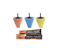 Lux Metal - Kit Polissant 3 Cônes Éponge (Arance, Bleu, Jaune) + 1 Métal Polish Autosol - Nettoyage et Polissage des Chromés, Peintures, Métaux et Aluminium pour Finition Parfaite