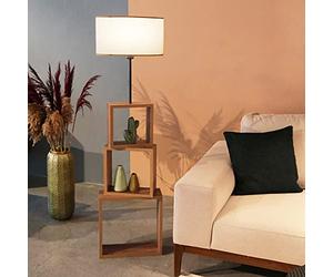 lux.pro Lampadaire Stylé avec Étagère Intégrée 3 Niveaux de Stockage Lampe sur Pied Design MDF Métal Tissu Douille E27 Hauteur 140 cm Effet Bois Noir Crème