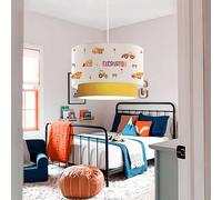 lux.pro Suspension Luminaire Charmante pour Enfant Plafonnier Lustre Lampe à Suspendre Accueillante Abat-jour Double Chambre d'Enfant E27 Plastique Tissu Hauteur 70cm Motif Engins de Chantier Blanc Or