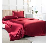 Luxbedding Parure de lit 4 pièces en Satin de Soie Douce avec 1 Drap-Housse à Poche Profonde, 1 Drap Plat, 2 taies d'oreiller - Rouge