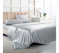 Luxbedding Parure de lit 4 pièces en Satin, Taille Double, Gris argenté, avec 1 Drap-Housse à Poche Profonde, 1 Drap Plat, 2 taies d'oreiller