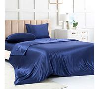 Luxbedding Parure de lit Douce 3 pièces en Satin avec 1 Drap-Housse à Poche Profonde, 1 Drap Plat, 1 taie d'oreiller, Bleu Marine