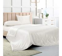 Luxbedding Parure de lit Douce 4 pièces en Satin avec 1 Drap-Housse à Poche Profonde, 1 Drap Plat, 2 taies d'oreiller - Blanc - Lit Double