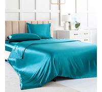 Luxbedding Parure de lit Douce 4 pièces en Satin de Soie avec 1 Drap-Housse à Poche Profonde, 1 Drap Plat, 2 taies d'oreiller (Bleu Sarcelle)
