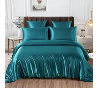 Luxe Housse de Couette Satin 240 x 260 cm Bleu Turquoise + 2 Taies d'oreiller 65x65cm Unie Parure de Lit Adulte 2 Personnes Linge de Lit Satin de Soie Soyeux Brillante avec Fermeture Éclair