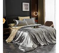 Luxe Housse de Couette Satin 240 x 260 cm Gris Or + 2 Taies d'oreiller 65x65cm Réversible Parure de Lit Adulte 2 Personnes Linge de Lit Satin de Soie Soyeux Brillante avec Fermeture Éclair