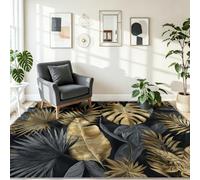 Luxe Illustration Tapis Salon Lavable en Machine 60 x 110 cm, Tropical Plantes Monstera Feuilles Doux Poil Ras Antidérapant Tapis, pour Salle à Manger Chambre Bureau Cuisine, Gris Or