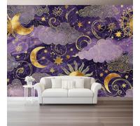 Luxe Léger Romantique Papier Peint Panoramique, Décoration Murale Ciel Étoilé Soleil Lune Nuages Texture Marbre Format, Tapisserie Murales Papier Peint Intissé pour Chambre Salon 300 x 210 cm