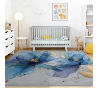 Luxe Rêveur ne perd Pas Ses Poils Poil Ras Tapis, pour Chambre à Coucher Salon, Bleu Clair Doré Abstrait Pétales Branches Lavable Doux Antidérapant Tapis, 120 x 170 cm