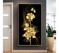 Luxe Vertical Rectangle Golden Rose Toile Peinture Or Cadres Imprimer Des Images Et Des Affiches Grande Taille Mur Art Décor 50x112cm (20x44in) Avec Cadre