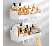 Luxear Lot de 2 Étagère Douche Sans Perçage Ventouse avec Crochets pour Salle de Bain Serviteur de Douche Cusine Amovible Panier de Rangement Mural Plastique Pour Shampooing Gel douche-Blanc