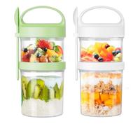 Luxear Lot de 2 Overnight Oats Jar avec Couvercle et Cuillère, Réutilisable Double Couche Gobelet a Cereales Portable Bol Muesli a Emporter Anti-Fuite pour Yaourt Avoine Fruits, 560+360ml, Vert/Blanc