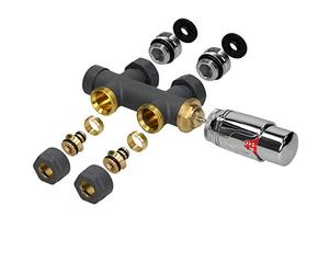 LuxeBath Kit de Raccordement Robinetterie à Clapet Multibloc, Anthracite, Forme de Passage avec Tête Thermostatique, pour Radiateur Salle Bain avec Raccord Central, Garniture de Connexion Thermostat