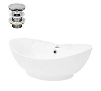 LuxeBath Lavabo en céramique 590 x 395 x 205 mm ovale blanc avec bonde argentée Lavabo à poser pour salle de bain/WC d'invités, lavabo moderne à poser