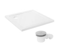 LuxeBath Receveur de Douche 80x80 cm Extra-Plat, Bac à Douche Recoupable avec Bonde Siphon et Filtre à Cheveux, Carré avec Épaisseur 4 cm, 3 Types d’Installation, en Résine SMC, Surface Lisse, Blanc