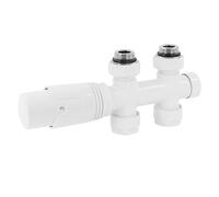 LuxeBath Set de Raccordement Thermostatique Blanc Multiblock Forme de Passage avec Tête Thermostatique pour Radiateur Salle de Bain, Raccord Central au Bas Compatible Chauffage à Eau Design Élégant