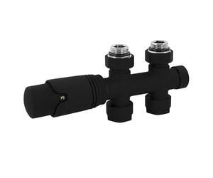 LuxeBath Set Vanne Thermostatique Multiblock Noir Forme de Passage Montage au Sol, Thermostat pour Radiateur de Salle de Bain à Raccord Central, Bloc de Robinets et Soupape de Chauffage Inclus
