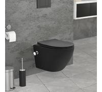 LuxeBath WC Suspendu sans Rebord avec Fonction Bidet, Court 49 cm, Noir Mat, Chasse d'Eau Tornade, en Céramique, Abattant Softclose Amovible en Duroplast, Cuvette avec Siège à Fermeture Automatique