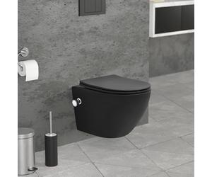LuxeBath WC Suspendu sans Rebord avec Fonction Bidet, Court 49cm, Noir Mat, Chasse d'Eau Tornado, en Céramique, Nano-Revêtement, Abattant Softclose Duroplast, Cuvette avec Siège Fermeture Automatique