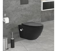 LuxeBath WC Suspendu sans Rebord avec Fonction Bidet, Long 53,5 cm, Noir Mat, Chasse d'Eau Tornade, en Céramique, Abattant Softclose Amovible en Duroplast, Cuvette avec Siège à Fermeture Automatique