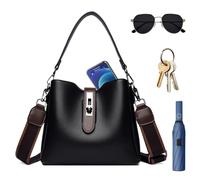 LuxeBucket Fourre-tout | Leather 23x10x20cm 530g Structured Multi Pocket Zipper Magnetic Closure Adjustable Strap | Shoulder Handbag Tote Purse Fashion Shopping Travel Office Daily Women, Noir ,