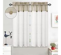 LuxFocus Lot de 2 rideaux brise-bise Patchwork avec boutons décoratifs - Demi rideaux courts aérés style bistrot - Aspect lin - 2 x L 69 cm x H 114 cm, Beige