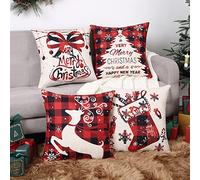 LuxFocus Lot de 4 housses de coussin de Noël rouges 45 x 45 cm - Décorations de Noël rustiques - Motif arbre joyeux et joyeux - Let It Snow - Décoration de vacances d'hiver pour la maison et le canapé