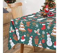 LuxFocus Nappe de Noël avec bonhomme de neige - Nappe de table imperméable pour décoration de Noël - Nappe lavable et essuyable pour la cuisine - Nappe de Noël verte carrée 137x137 cm