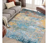 LuxFocus Tapis moderne résistant à la saleté pour l'intérieur et l'extérieur - Grand tapis lavable avec dos antidérapant - Ne peluche pas - Doux - Pour salle à manger - Bleu doré - 160 x 230 cm