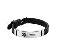 LuxglitterLin Bracelet d'identification médicale ELIOUS gravé au laser noir réglable pour homme et femme 21,6 cm